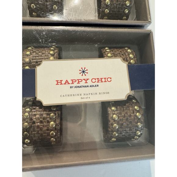 8 Happy Chic by Jonathan Adler Napkin Rings Brown Woven Gold Studs - Picture 2 of 6